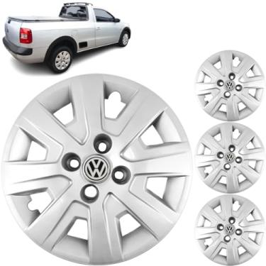 Imagem de Jogo 4 Calotas Aro 14 Vw Saveiro G5 G6 G7 2009 a 2017 Com Adesivo Logo Vw Resinado Grid GR108CA