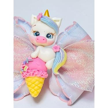 Imagem de Laço de Cabelo Unicórnio com Sorvete, Rosa e Branco, Decoração Infantil