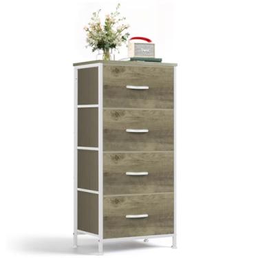 Imagem de Wyngoo Mesa de cabeceira, cômoda de 4 gavetas com parte superior de madeira e estrutura de aço, organizador de caixas de tecido, cômoda alta para quarto, quarto de hóspedes, armário, entrada