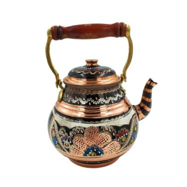 Imagem de BAYKUL Bules de cobre turco 1 mm de espessura, feito à mão, cobre martelado com tampas e cabo de madeira, chaleira de calibre pesado para fogão, chaleira vintage para copos e bandeja de copos (cobre