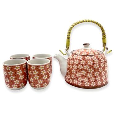 Imagem de Jogo de Chá com Bule de Porcelana 900ml com Infusor e 4 Copos 150ml | Kit Café Tokyo 30a(Salmão com Flores Brancas)