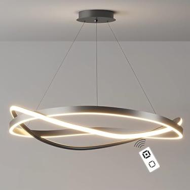 Imagem de Luminária pendente LED moderna e regulável, ideal para sala de estar, ilha de cozinha com anel preto, mesa de jantar e quarto, com 60 cm de diâmetro e 50 W.