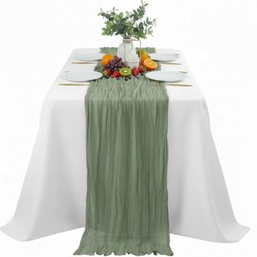 Imagem de Caminho de mesa enrugado verde claro, decoração boêmia texturizada de 300 x 89 cm para mesa de jantar