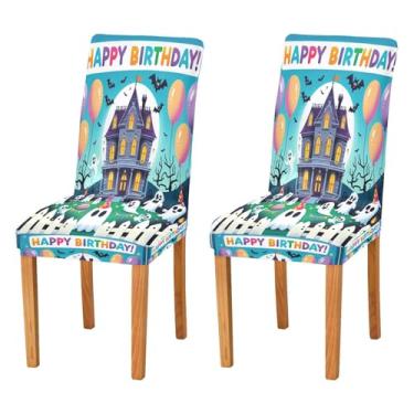 Imagem de Qilmy Conjunto de 4 capas elásticas para cadeira de jantar Halloween Boo, laváveis e removíveis, para sala de jantar, cozinha, hotel, banquete, festa, protetores de cadeira