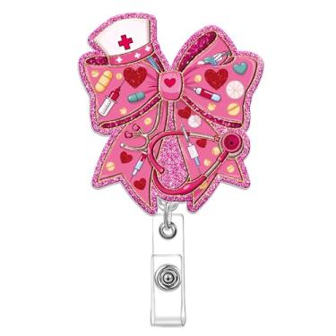 Imagem de Obookey Carretel de crachá de dia dos namorados para enfermeira, carretel de crachá de laço rosa com clipe retrátil, suporte de crachá de nome de dia dos namorados com glitter para estudantes de