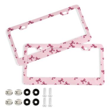 Imagem de SEHANY Lindas molduras de placa de licença de laço rosa, moldura de placa de carro de alumínio à prova de ferrugem com orifícios elípticos e parafusos serve para veículos padrão dos EUA tamanho