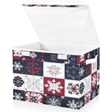Imagem de Blueangle Cestos de armazenamento de patchwork de floco de neve com tampas, 42 x 32 x 30 cm, grande cesta organizadora dobrável para decoração de casa e escritório (251)