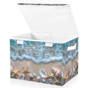 Imagem de Blueangle Cestos de armazenamento de praia de verão e concha de estrela do mar com tampas, 42 x 32 x 30 cm, grande cesta organizadora dobrável para decoração de casa e escritório (513)