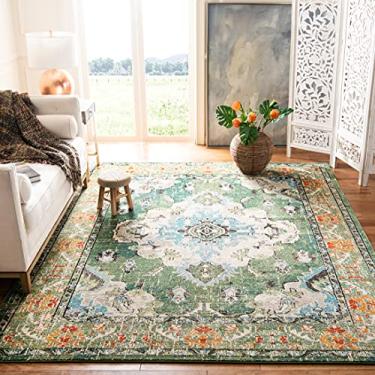 Imagem de SAFAVIEH Coleção Monaco 91 cm Redondo Verde Floresta/Azul Claro MNC243F Boho Chic Medalhão Desgastado Sala de Jantar Não Descarte Sala de Estar Quarto Área Tapete