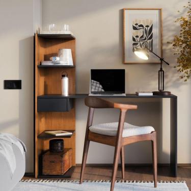 Imagem de Escrivaninha Infinity Home Office Funcional Com Gaveta E Prateleiras Moderna Para Escritório E Estudo Canela Preto