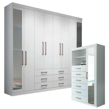 Imagem de Conjunto Guarda Roupa Casal Havana Master 8 Portas de Bater 6 Gavetas MDP Branco Santos...