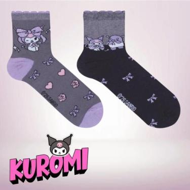 Imagem de Kit 2 Pares Meia Soquete Hello Kitty Licenciada Adulto Kuromi Keroppi 