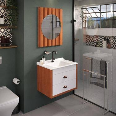 Imagem de Conjunto para Banheiro Gabinete Suspenso 65cm 2 Gavetas com Lavatório e Espelheira Ripada Cairo Cinamomo