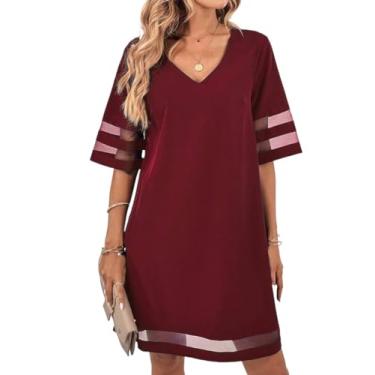 Imagem de Camisa Feminina Solid V Neck Contrast Mesh Tunic Dress (Color : Burgundy, Size : M)