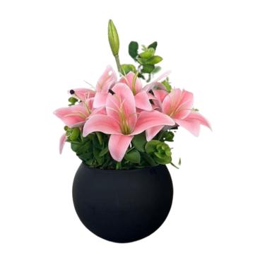 Imagem de Arranjo Centro de Mesa Lírio Rosa Completo Artificial Vaso Preto