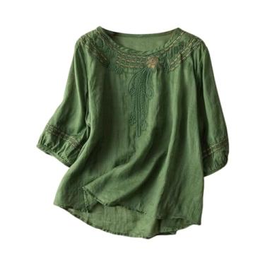 Imagem de Howstar Blusas de linho femininas 2024 verão boho elegante blusa casual bordada gola redonda plus size túnica manga cotovelo, A4 - verde, M
