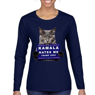 Imagem de Kamala Hates Me Trump 2024 Camiseta feminina manga longa engraçada gato republicano animal de estimação anti Harris Vote vermelho MAGA Kitten 47 Fight, Azul marinho, XGG