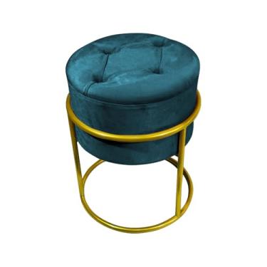 Imagem de Puff Decorativo Redondo Com Capitonê Base De Ferro Dourada Tecido Veludo Azul