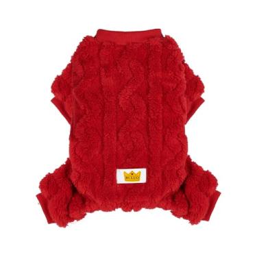Imagem de Loyanyy Pijamas de pelúcia para o clima frio, roupas de 4 leggings para cães e gatos, macacão elástico para filhotes de gatinho com botões, macacão quente e macio, casaco de inverno vermelho, médio