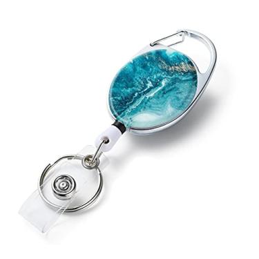 Imagem de Carretéis de crachá retráteis, suportes de crachá retráteis com padrão de impressão de cor dupla face, com chaveiro retrátil, clipe de crachá e chaveiro, corda retrátil de nylon durável, oceano azul