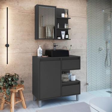 Imagem de Conjunto de Gabinete com Cuba Preta e Armário de Banheiro com Espelho Paula 2 PT 2 GV Grafite
