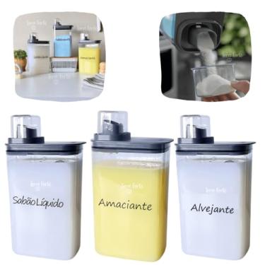 Imagem de Kit 3 Potes Herméticos 2,3 L Copo Dosador Porta Sabão Pó Líquido e Amaciante Lavanderia Chumbo (Sabão Líquido/Amaciante/Alvejante)