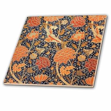 Imagem de Imagem de Rosa 3D de William Morris Azul Marinho e Laranja Estampa Floral Azulejo de Cerâmica, Multicolorido
