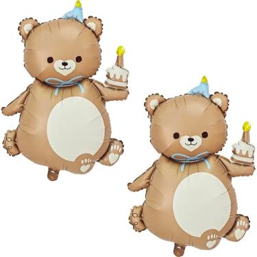 Imagem de 2 peças de urso fosco balão animal com chapéu grande urso marrom segurando vela de aniversário bolo urso balão de alumínio para crianças selva, safári, zoológico, fazenda, tema de aniversário, festa