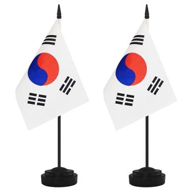 Imagem de Conjunto de 2 bandeiras de mesa coreana, mesa coreana, pequena mesa em miniatura, bandeira de escritório com poste preto de 30 cm e base preta, escritórios, sala de aula, casa, decoração de festival