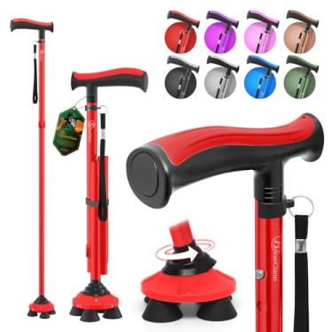 Imagem de BeneCane Bengala para homens e mulheres Bengalas para idosos Canas dobráveis Quad Cane ajustável, leve, resistente, livre, dobrável, resistente, com alça em T macia e bolsa de viagem (vermelha)