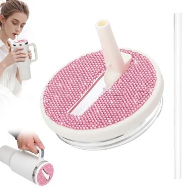 Imagem de SAVORI Tampa de canudo dobrável de 850 g para Stanley Quencher H2.0, tampa à prova de vazamento de strass de 850 g para Stanley Tumber, tampas antiderramamento para copo Stanley (strass creme-rosa,