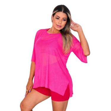 Imagem de Blusao Tule Feminina Fitness Academia Manga Curta Cor:Rosa Pink - Roge