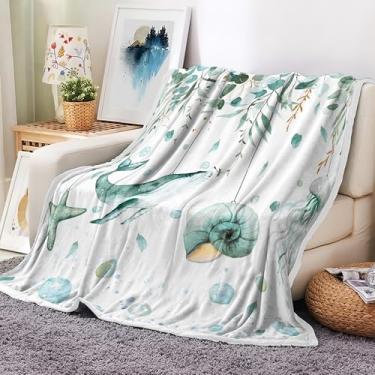 Imagem de Cobertor de eucalipto costeiro verde, folha de eucalipto de sálvia primavera, estrela do mar, água-viva, oceano, tartaruga, cobertor para crianças, tema de praia, leve, macio, aconchegante para sofá,