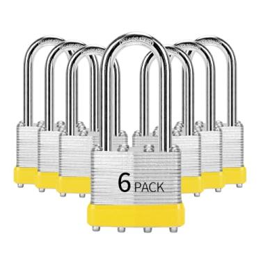 Imagem de HZSY Cadeado com chave de aço laminado (40 mm), fechaduras com chave, embalado com 6, cadeados longos, aros de plástico amarelo, para caixa de ferramentas, armário e unidade de armazenamento ou mais