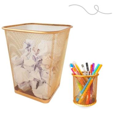 Imagem de Kit Escritório Lixera Retangular E Porta Caneta Dourado Top - Markys S
