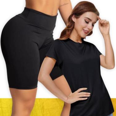 Imagem de Kit Short Legging BÁSICO Cós Alto + Camiseta Corrida Academia Fitness 