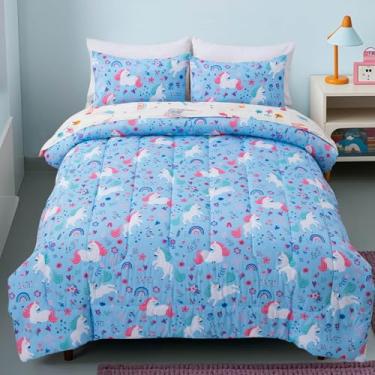 Imagem de Btargot Conjunto de cama de unicórnio floral azul, 5 peças, para meninas e crianças, tamanho casal, arco-íris, flor, unicórnio, cama em uma bolsa com edredom, lençóis e fronhas