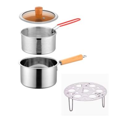 Imagem de Conjunto de panelas de aço inoxidável de 4 peças, 20 cm, com tampa de vidro, inserção de vaporizador, suporte para ovos cozidos no vapor, cabo de madeira