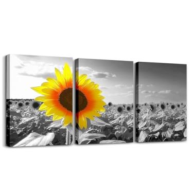 Imagem de jejeloiu Arte de parede em tela de girassol para sala de estar quarto 30,5 x 40,6 x 3 peças decoração de parede de flores amarelas para banheiro preto e branco decorações de escritório arte pôsteres