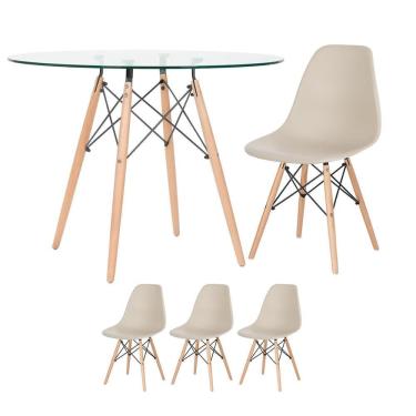 Imagem de Mesa Redonda Eames Com Tampo De Vidro 100 Cm + 3 Cadeiras Eiffel Dsw Nude