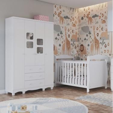 Imagem de Quarto de Bebê com Guarda Roupa 4 Portas com Janelas e Berço Americano Nina 100% Mdf Espresso