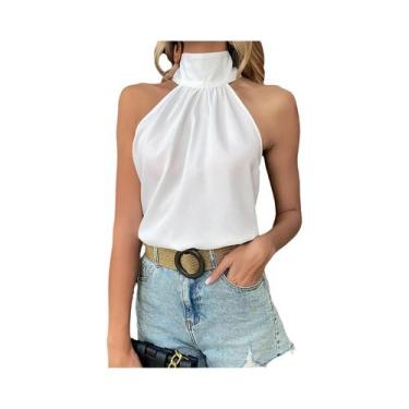 Imagem de Sexy elegante camisa feminina pendurado pescoço sem mangas botão tecid