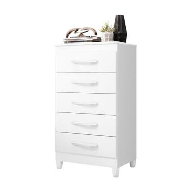 Imagem de Cômoda Branca 5 Gavetas em MDP – Organizador de Roupas para Quarto, Design Moderno, Compacta, Ideal para Casal, Solteiro ou Escritório (Branco)
