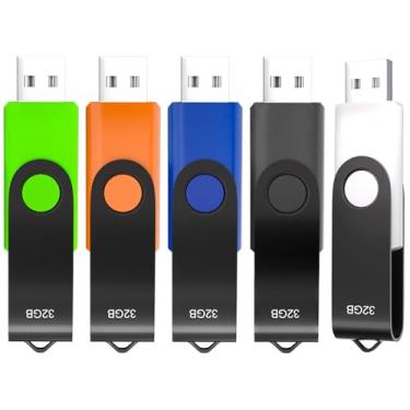 Imagem de XINWAY Pen Drives USB 2.0 de 32 GB, pen drives, pen drive, design giratório, (pacote com 5 cores: preto, azul, verde, laranja, branco)