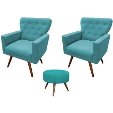 Imagem de Kit 2 Poltronas Decorativa Aurora + 1 Puff Redondo Suede Azul Turquesa