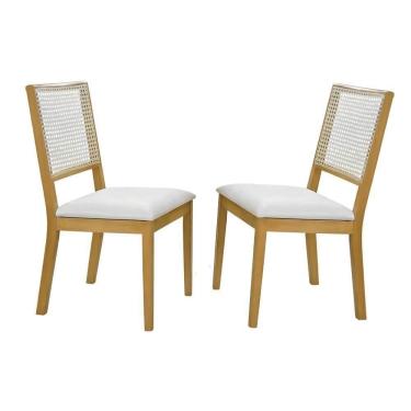 Imagem de Conjunto 2 Cadeiras De Jantar Jade Com Rattan Couro Pérola Com Pés Em Madeira