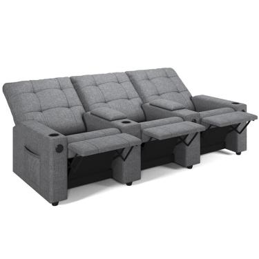 Imagem de Poltrona Do Papai Reclinável Cinema 3 Lugares Manual Baú Usb Haifa F05 Linho Cinza - Lyam Decor