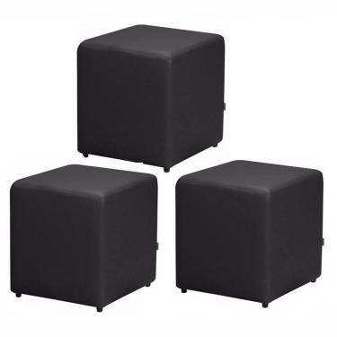 Imagem de 03 Puffs Quadrado Corino Preto