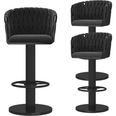 Imagem de Bancos de barra giratória Conjunto de 2, cadeiras de jantar estofadas de veludo com traseiras tecidas, bancos modernos da ilha da cozinha com apoio de pé, altura ajustável 65-80cm, branca, p