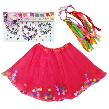 Imagem de Kit Fantasia Festa Junina Juvenil Adulto 35/40: Saia Tutu Pompom + Elástico Fita Cabelos + Adesivo Temático Rosto (Vermelho)